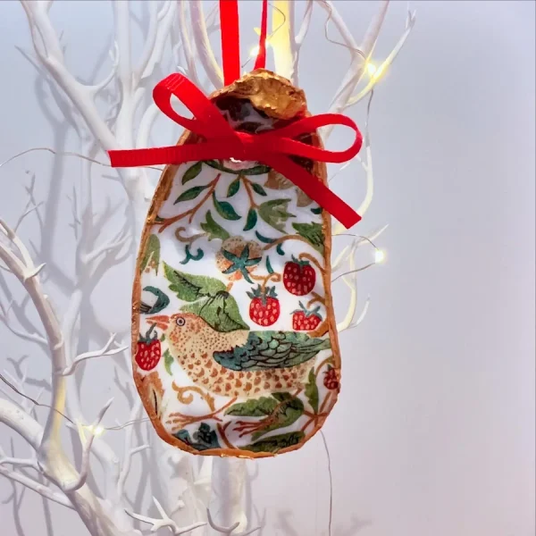 William Morris bird Christmas oyster shell ornament with red ribbon