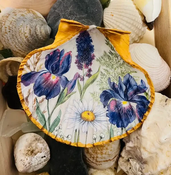 wildflower scallop shell trinket dish with blue irises, daisies and gold-painted rim