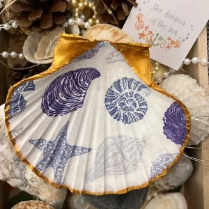 blue marine print scallop shell trinket dish with starfish and shell illustrations