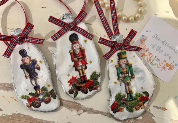 Nutcracker Christmas oyster shell ornaments with tartan ribbon