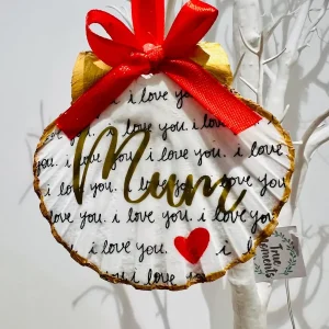hanging scallop shell ornament with gold Mum script, red heart, I love you print and red ribbon