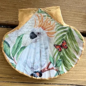 tropical cockatoo scallop shell trinket dish with palm leaves, butterfly and gold-painted rim