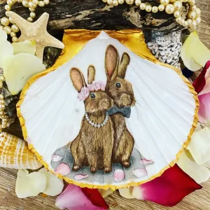 hand painted scallop shell ring dish with bride and groom bunny design