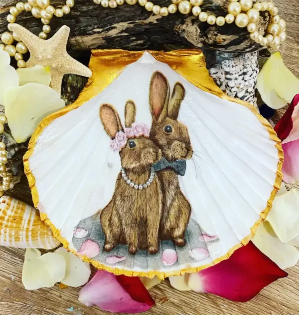 hand painted scallop shell ring dish with bride and groom bunny design