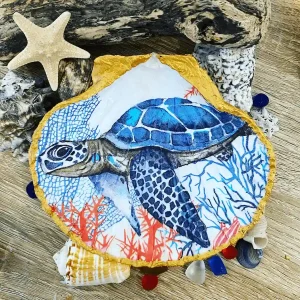 blue sea turtle scallop shell trinket dish with coral reef detail and gold trim