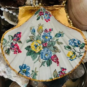 vintage floral scallop shell trinket dish with yellow and blue bouquet and gold-painted rim