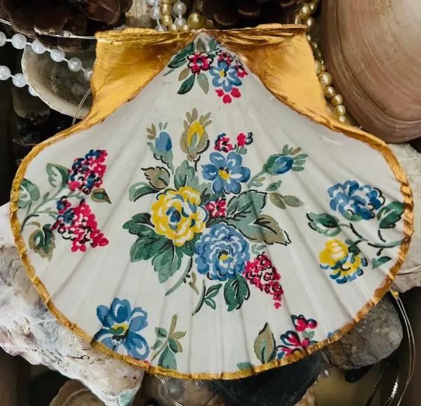 vintage floral scallop shell trinket dish with yellow and blue bouquet and gold-painted rim